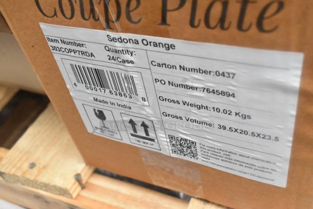 Cardboard box with label for 24-pack of "Sedona Orange" plates. Item number 303COPP7RDA. Made in India. Gross weight 10.02 kg.