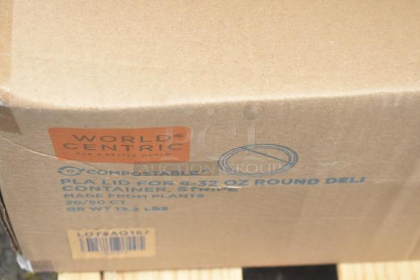 Cardboard box labeled "World Centric" with compostable PLA lid for 8-32 oz round deli containers, 20/50 ct.