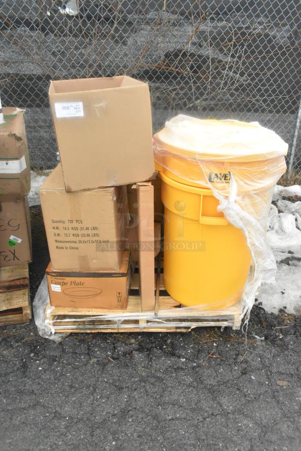 Pallet with 13 new scratch and dent items including a yellow eyewash station and bandage wrap. Boxes include measurements and "Made in China” label.