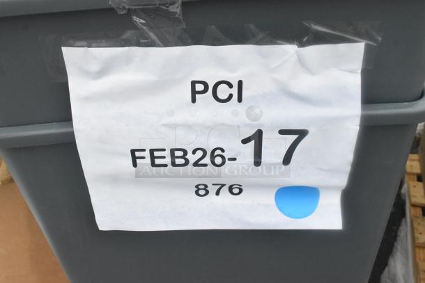 Gray trash can with a label reading "PCI FEB26-17 876." Part of a lot containing 13 brand new scratch and dent items.