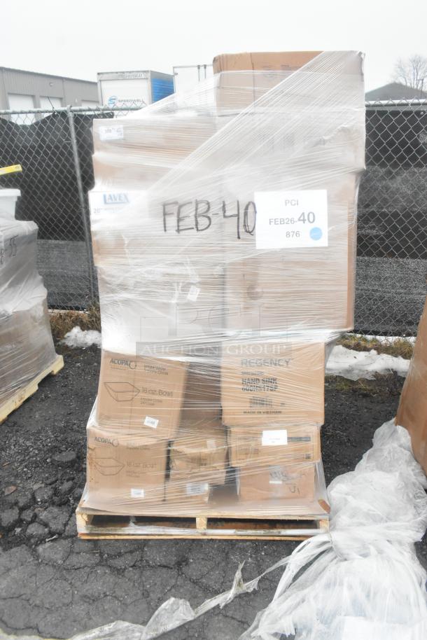 Plastic-wrapped pallet with 28 brand new scratch and dent items. Includes Lavex trash can, Regency hand sink, Acopa bowls.