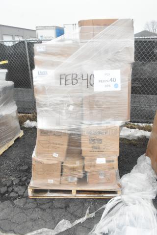 Plastic-wrapped pallet with 28 brand new scratch and dent items. Includes Lavex trash can, Regency hand sink, Acopa bowls.