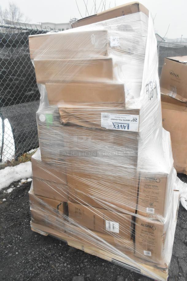 Plastic-wrapped pallet with 28 new scratch and dent items, includes boxes labeled "Ivex" and "Acopa," visible damage.