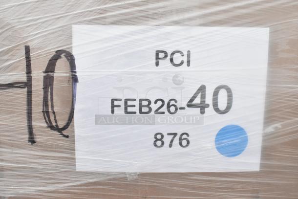 Label indicates pallet "PCI FEB26-40 876" wrapped in plastic, containing 28 scratch and dent items, including trash can, hand sink.