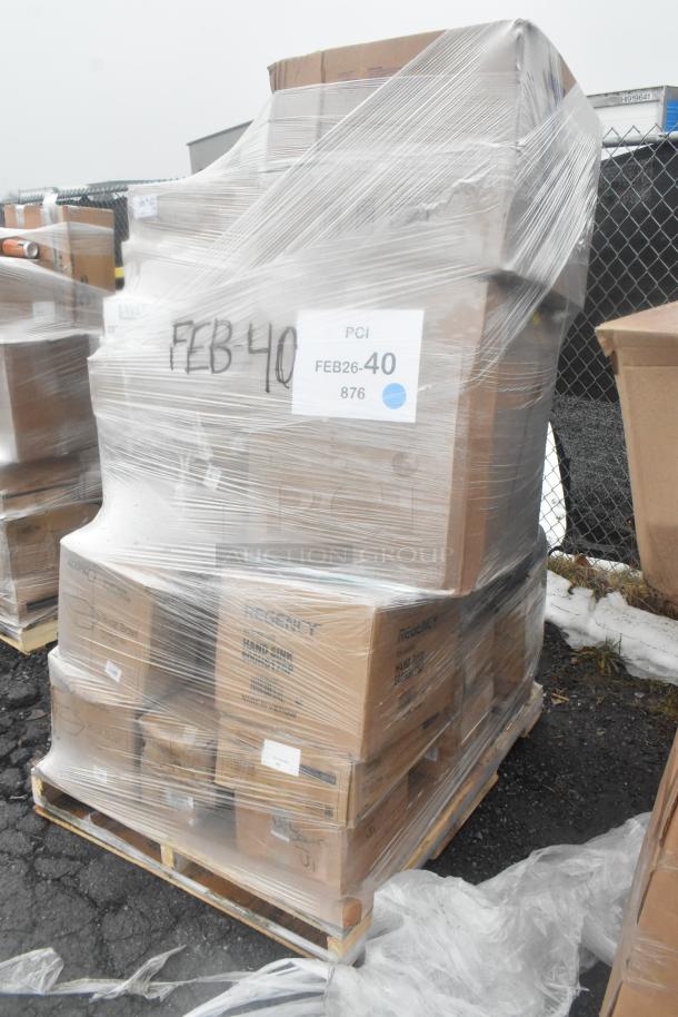 Pallet of 28 new scratch and dent items, including Regency hand sink and trash can, shrink-wrapped with labeled boxes.