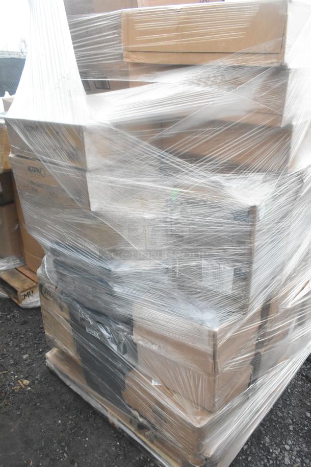 Pallet with 28 new scratch and dent items, wrapped in plastic, including a trash can and hand sink. Auction lot.