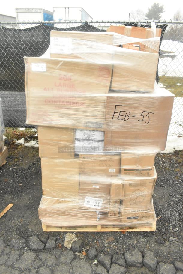 Pallet of 33 brand new items, visible boxes labeled with various kitchenware and cleaning products, wrapped for auction.