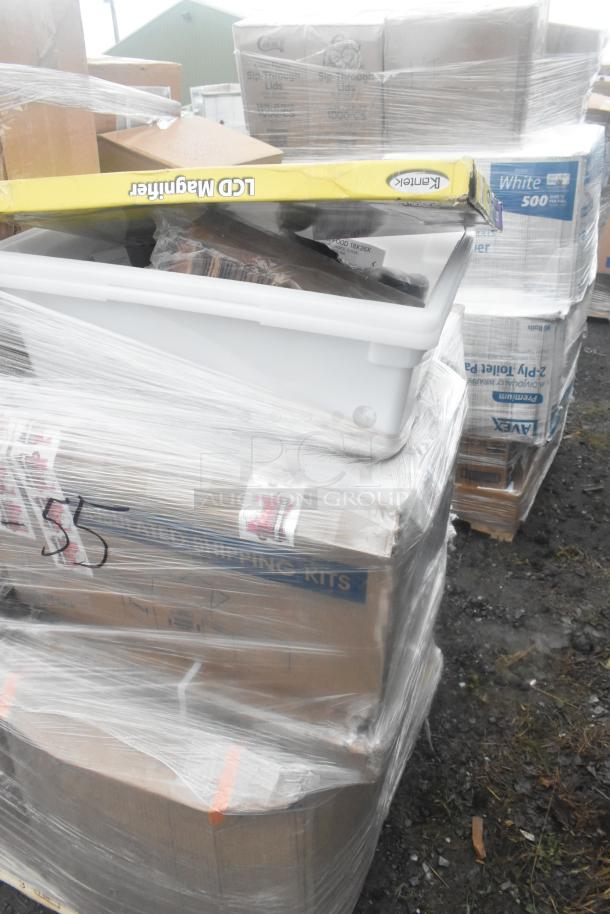 Pallet with 33 brand new scratch and dent items, including ramekins and floor supplies. Items wrapped in plastic, marked "55".