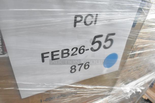 Plastic-wrapped pallet labeled "PCI FEB26-55 876," contains 33 new scratch and dent items like ramekins and floor pads.