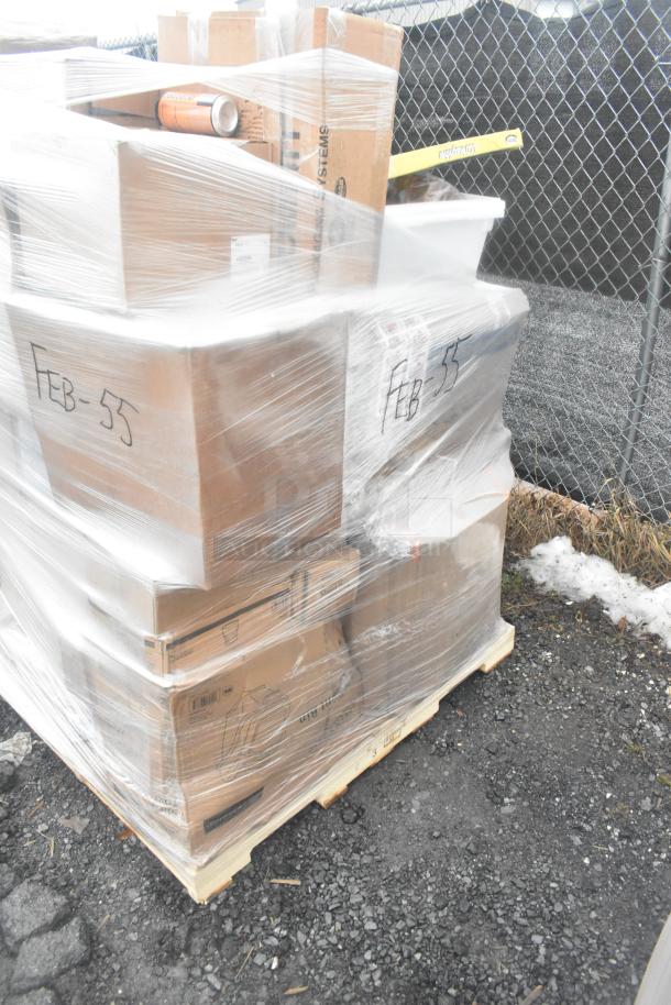 Pallet with 33 brand new scratch and dent items, including ramekins, scrubbing floor pad, and floor drain. Boxes marked "FEB-55."