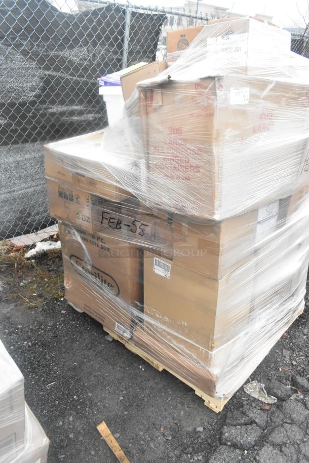 Pallet with assorted boxed items, including ramekins and floor pads, wrapped in plastic, labeled "FEB-55." Scratch and dent condition.