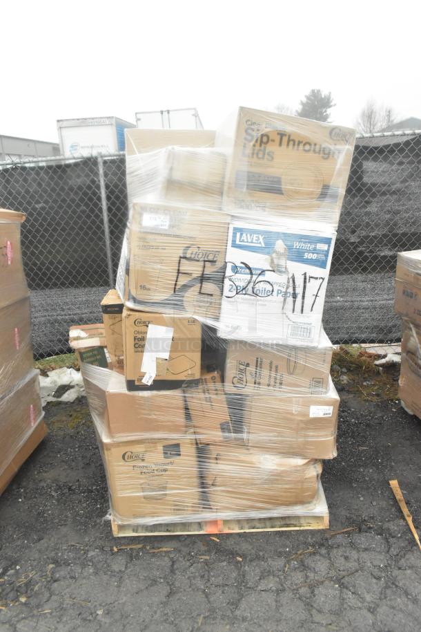 Pallet with wrapped boxes labeled "Choice" for yogurt cups, lids, gloves, and Lavex toilet paper. Scratch and dent condition.