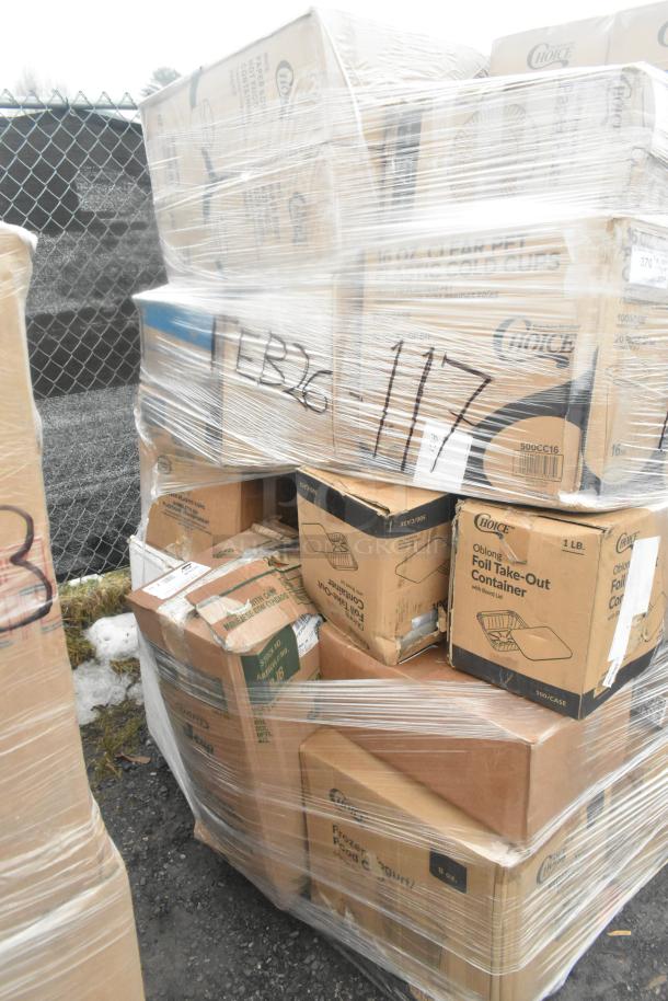 Pallet of boxed items including yogurt cups, foam cups, and gloves, labeled as "scratch and dent", wrapped in plastic.