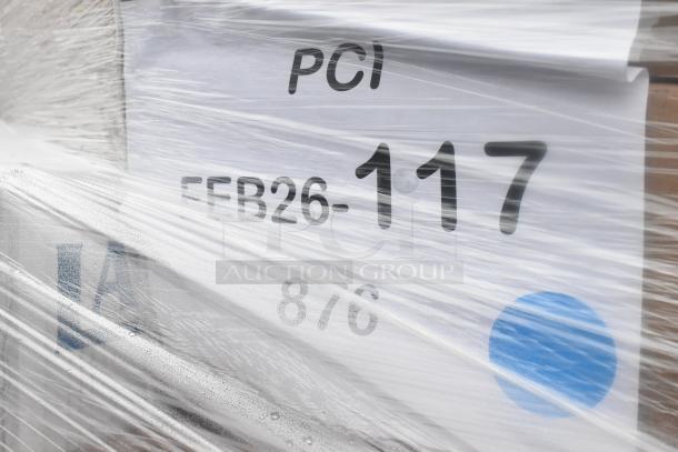 A wrapped shipment labeled "PCI FEB26-117 8/6," containing 24 new scratch and dent items, including foam cups and gloves.