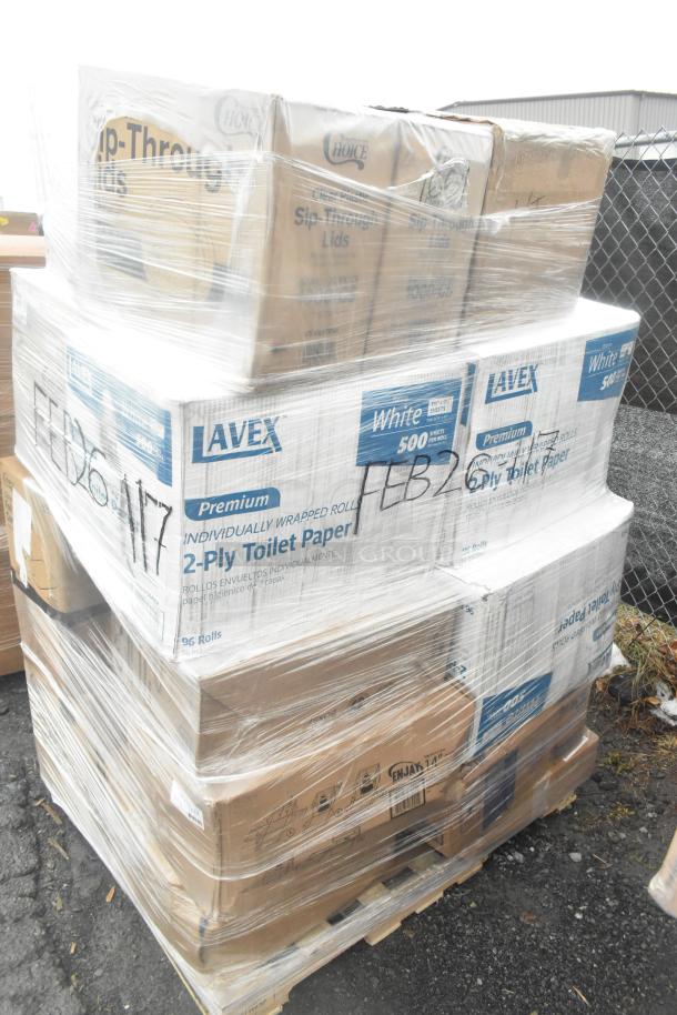 Pallet of Lavex toilet paper and assorted containers. Scratch and dent condition, sealed in plastic wrap.