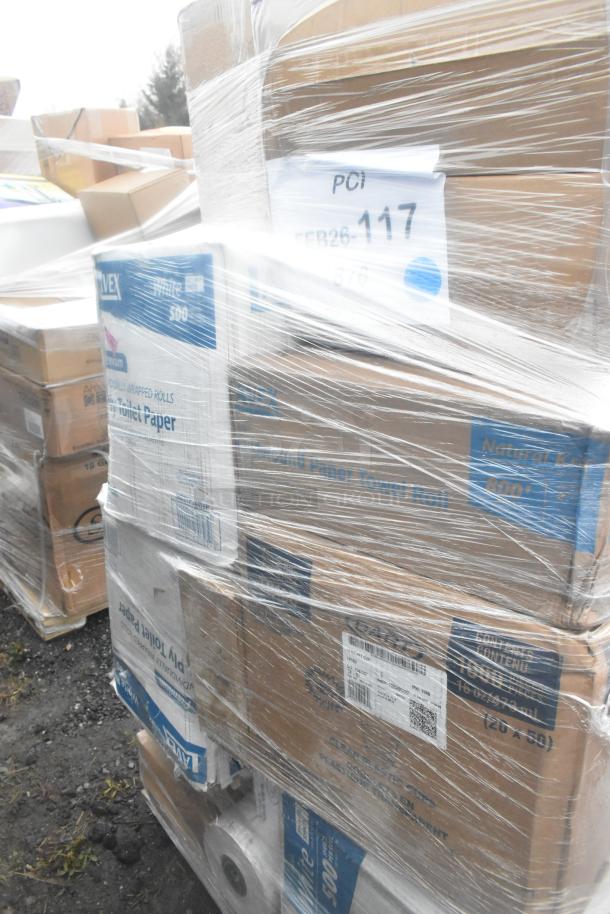 Pallet of assorted scratch and dent items, wrapped in plastic; visible boxes include toilet paper and glove packaging.