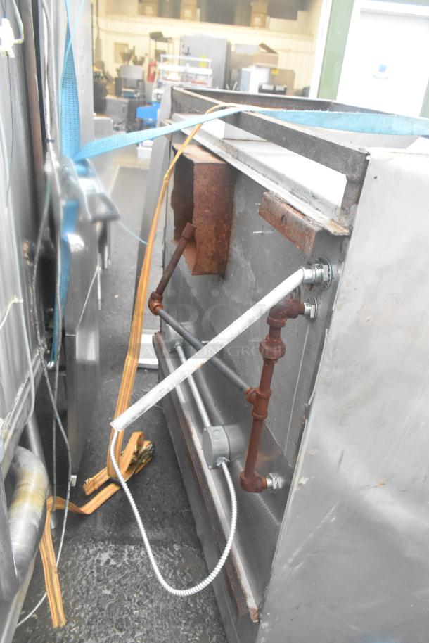 5' commercial grease hood with lights, stainless steel, visible rust and wear, suitable for kitchen ventilation.