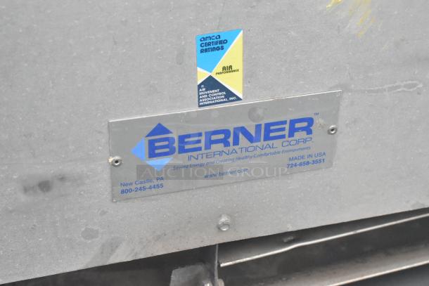 Berner Air Curtain with AMCA Certified Ratings label, showing brand and contact details. Made in USA, metal casing visible.