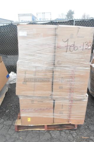 Pallet with 6 boxes of brand new scratch and dent items, including bar stools. Boxes are sealed in plastic wrap with visible markings.