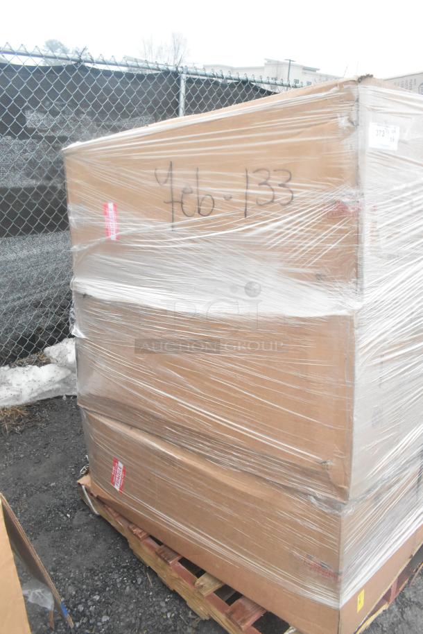Shrink-wrapped pallet with six new scratch and dent items, labeled "Feb-133," including bar stools. Brown cardboard boxes.