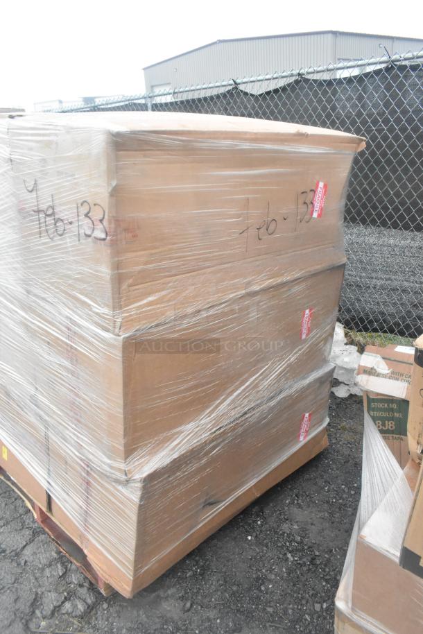 Pallet of six brand-new, scratch and dent items, including bar stools, wrapped in plastic. Marked "Feb-133" with fragile labels.