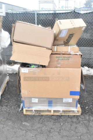 Pallet with 15 brand new scratch and dent items, including microwave shelves and table base pieces, in original boxes.