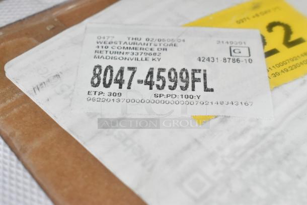 Label on package for 15 brand new scratch and dent items, including microwave shelves and table base pieces.