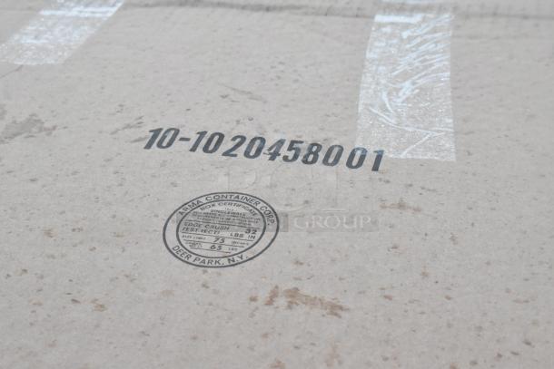 Cardboard box with printed code "10-1020458001" and Arma Container Corp certification seal, showing edge crush test details.