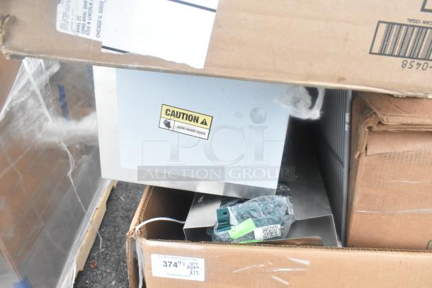 15 new scratch and dent items, including microwave shelves, table base pieces. Caution label indicates sharp edges.