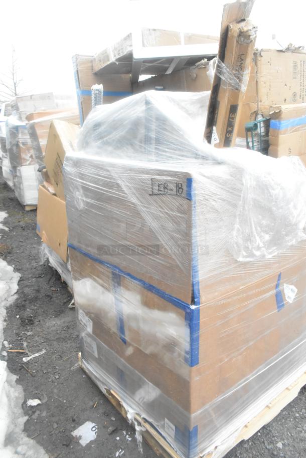 Pallet with 12 scratch and dent items including work tables, shelf, and dunnage rack, wrapped in plastic. Some visible cardboard packaging.