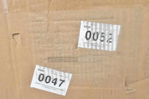 Cardboard box with labels "0047" and "0052," part of a lot of 12 new scratch and dent items, including tables and racks.