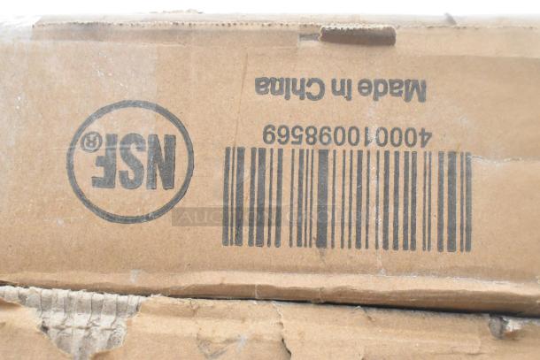 Cardboard box with barcode 400010098696, NSF logo, "Made in China" label. Contains 12 new scratch and dent items like tables and racks.