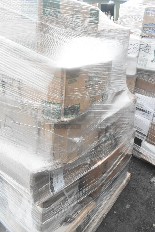 Shrink-wrapped pallet of 32 new scratch and dent items, including food bags, cold cups, and take-out containers.