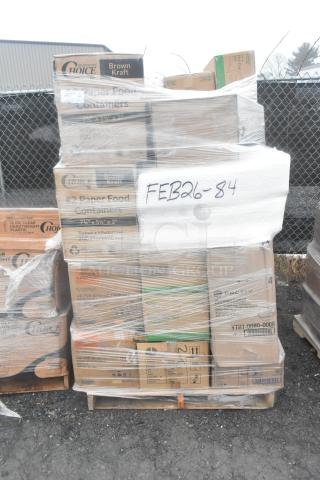Pallet of boxes including Choice brand paper containers and plastic items, labeled "FEB26-84," wrapped in plastic.