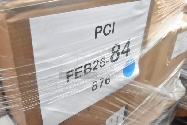 Stacked boxes of new scratch and dent items, wrapped in plastic. Label reads "PCI FEB26-84 876." Includes plates, gloves, napkins.