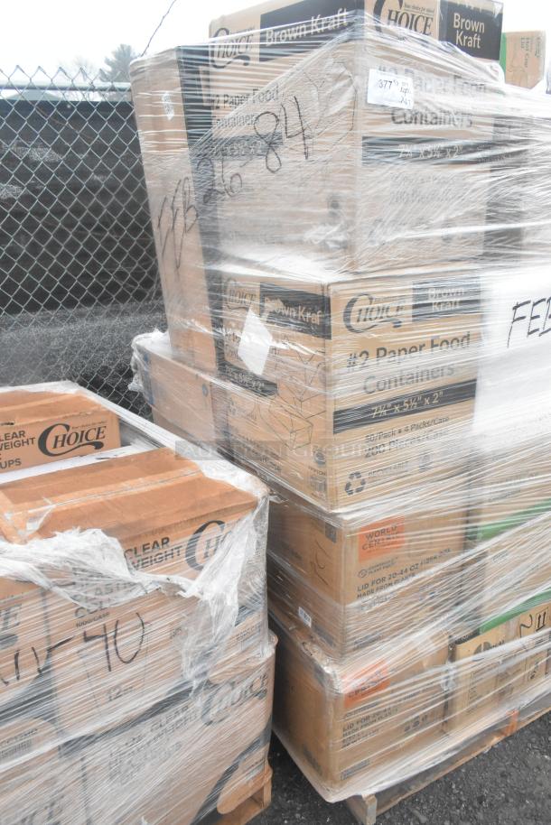Pallet of 27 boxed items including plates, gloves, and napkins. Boxes labeled "Choice" and "Brown Kraft." Wrapped in plastic.