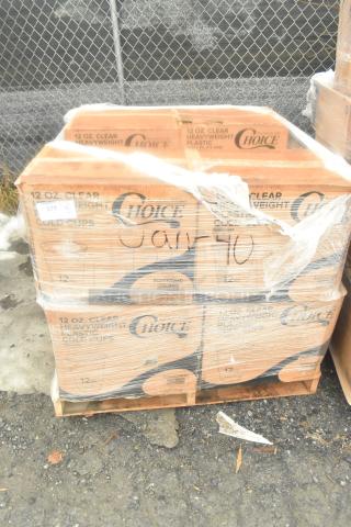 Pallet of Choice 12 oz clear heavyweight plastic cold cups, brand new, shrink-wrapped, some boxes labeled "JAN-40."