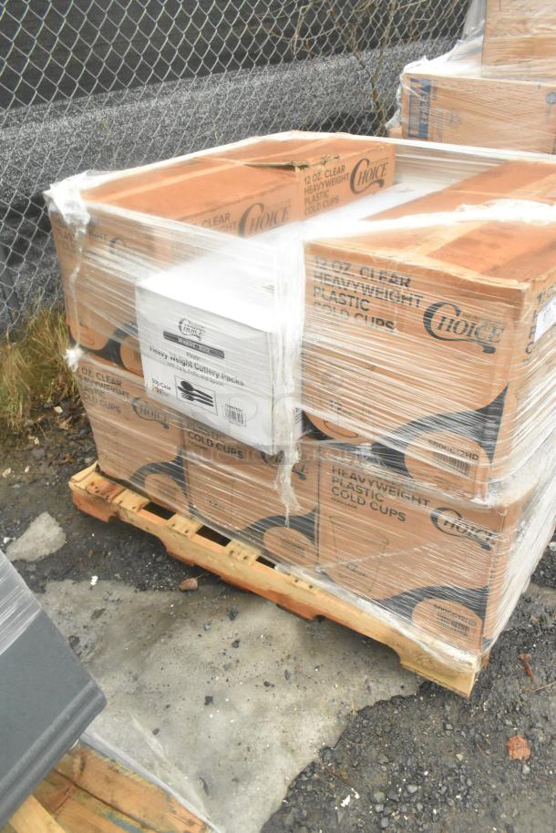 Palette of 12 new "Choice" heavyweight plastic cold cups and cutlery packs, wrapped, with visible box labels.