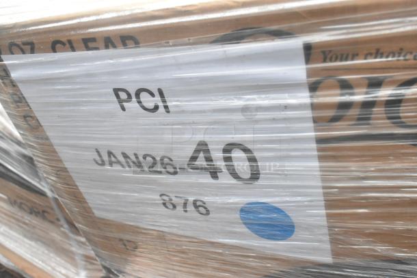 Pallet with 12 brand new scratch and dent items, including cutlery packs and cold cups, wrapped in plastic. Marked "PCI JAN26-40 876."
