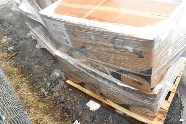 Sealed pallet with 12 new scratch and dent boxes containing cutlery packs and cold cups, visible Choice branding.