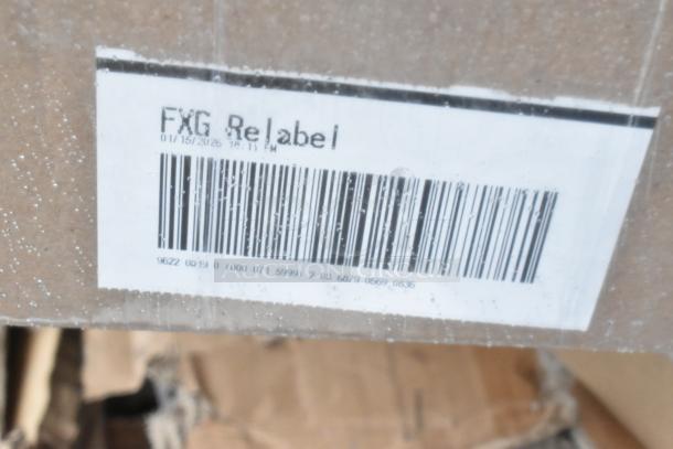 Cardboard box with a label marked "FXG Relabel," featuring a barcode and date "01/15/2026." Box likely contains scratch and dent items.