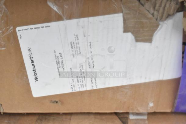 Brown box with a visible packing list label from WebstaurantStore. Contains 9 scratch and dent items like grease trap, floor troughs.