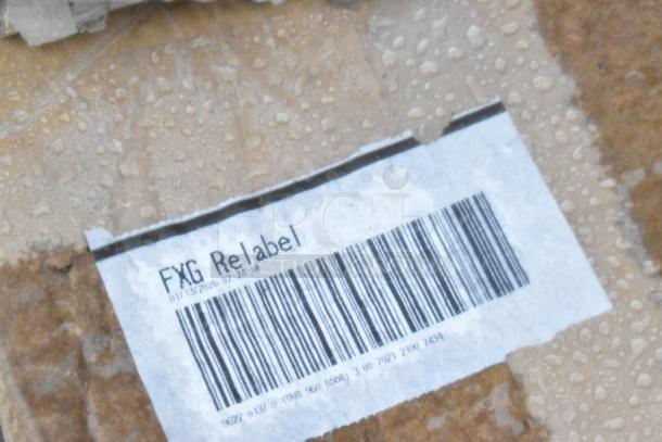 Label on cardboard box showing barcode and text "FXG Relabel 01/13/2020 02:20 AM". Box is wet with droplets.