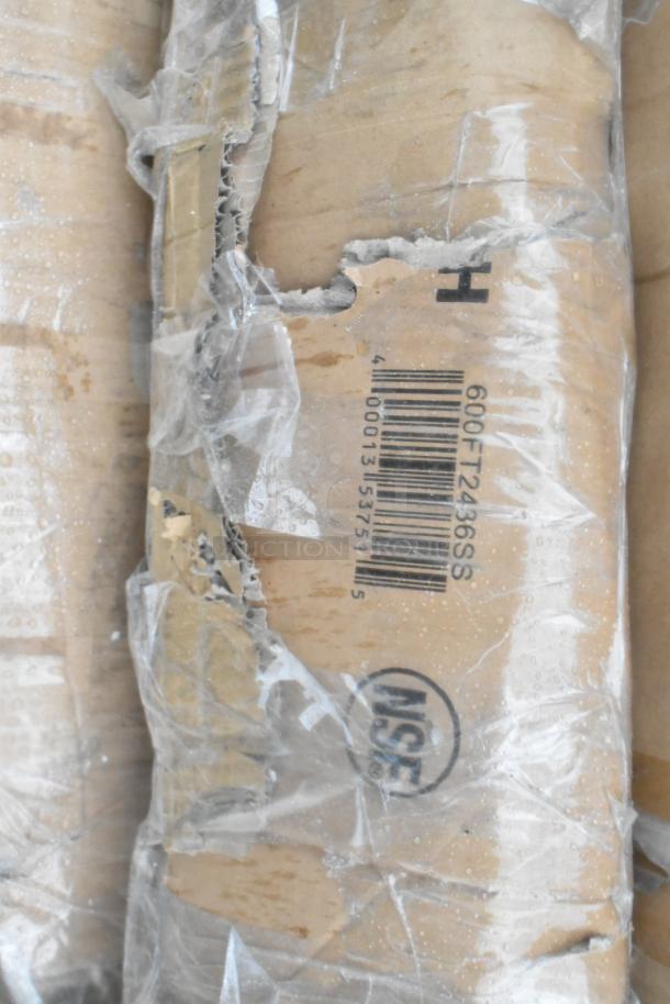 Packaging of new scratch and dent items with visible barcode 600FT2436SS and NSF certification.