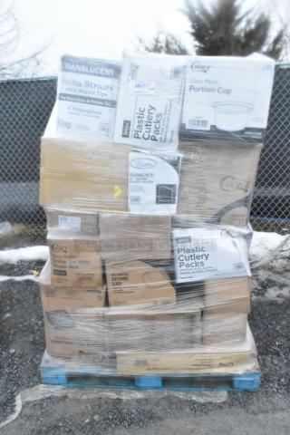 Stacked boxes of scratch and dent items, including portion cups and cutlery packs. Markings show brands like Choice, Florance. Items on a pallet.
