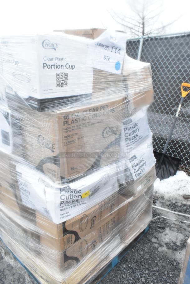 Pallet with 21 new scratch and dent items, including Choice portion cups, cold cups, and cutlery packs.