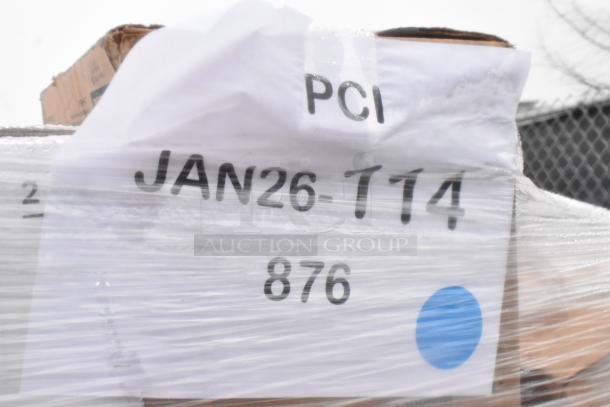 Plastic-wrapped pallet labeled "PCI JAN26-T14 876," containing 21 new scratch and dent items like portion cups and napkin bands.