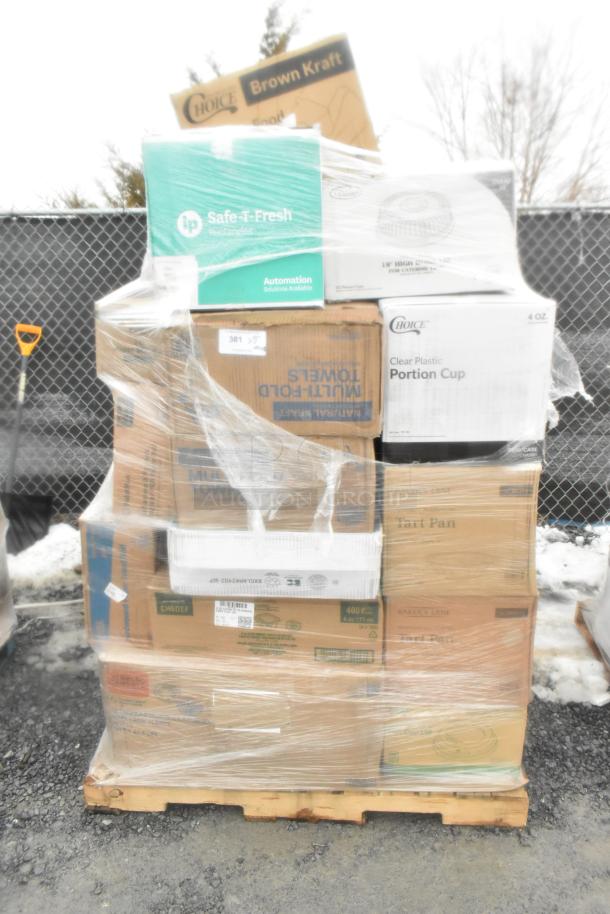 Pallet with boxes labeled Safe-T-Fresh, Multi-Fold Towels, and Choice Portion Cups, wrapped in plastic. Scratch and dent condition.