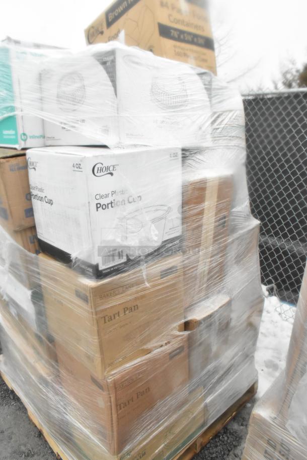 Shrink-wrapped pallet with brand new scratch and dent items, including towels, Choice portion cups, tart pans.