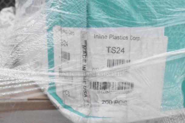 Pallet with Inline Plastics Corp. items, labeled TS24, "Made in the USA," 200 pieces, wrapped in plastic.